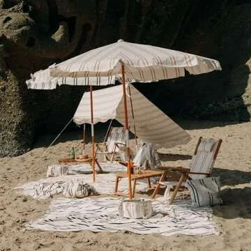 Business & Pleasure Co. Amalfi Umbrella - 7.2' Boho Beach Umbrella - Large & Sturdy Yet Lightweight - UPF 50+ UV-Resistant Canvas, Sand Two Stripe