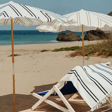 Business & Pleasure Co. Amalfi Umbrella - 7.2' Boho Beach Umbrella - Large & Sturdy Yet Lightweight - UPF 50+ UV-Resistant Canvas, Sand Two Stripe