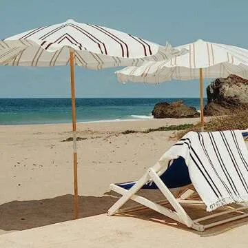 Business & Pleasure Co. Amalfi Umbrella - 7.2' Boho Beach Umbrella - Large & Sturdy Yet Lightweight - UPF 50+ UV-Resistant Canvas, Sand Two Stripe