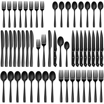 48 Pieces Black Silverware Set, Black Flatware Set with Steak Knives, Food-Grade Stainless Steel Cut...