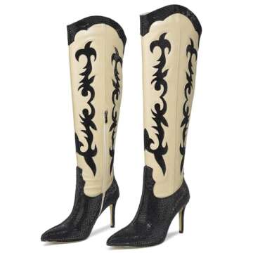 RONILURN Knee High Cowgirl Cowboy Boots for Women Boots Rhinestone Bling Western Pointed Toe Stilett...
