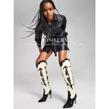 RONILURN Knee High Cowgirl Cowboy Boots for Women Boots Rhinestone Bling Western Pointed Toe Stiletto Heel Pull On Fashion Shoes Tall Black Boot