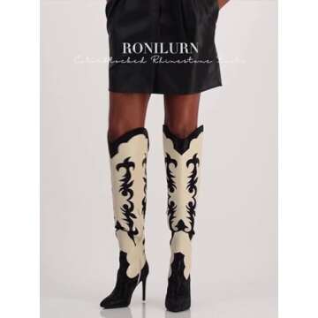 RONILURN Knee High Cowgirl Cowboy Boots for Women Boots Rhinestone Bling Western Pointed Toe Stiletto Heel Pull On Fashion Shoes Tall Black Boot