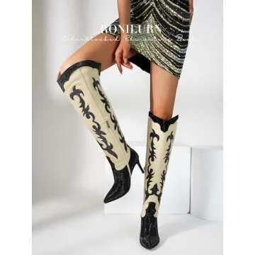 RONILURN Knee High Cowgirl Cowboy Boots for Women Boots Rhinestone Bling Western Pointed Toe Stiletto Heel Pull On Fashion Shoes Tall Black Boot
