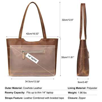 ZONE Vintage Genuine Leather Tote Bag for Women Large Handbag Shoulder Purse