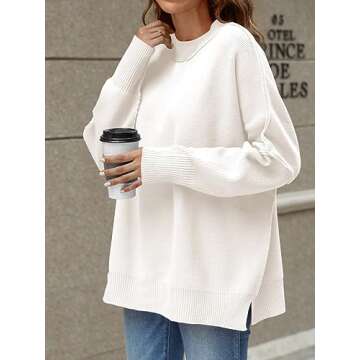 Sucolan White Sweaters for Women Trendy Cute Long Sleeve Oversized Sweaters Cozy Side Slit Loose Pullover Sweater Tops White L