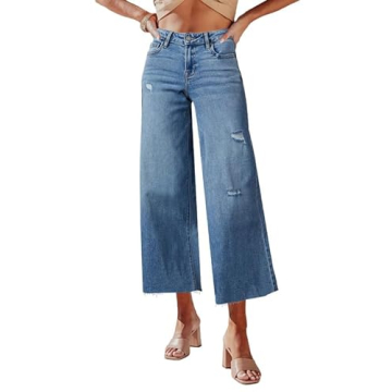 Allimy Women's High Waisted Straight Ankle Wide Leg Ripped Jeans Frayed Hem Stretchy Capri Denim Pan...
