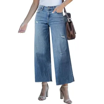 Allimy Women's High Waisted Straight Ankle Wide Leg Ripped Jeans Frayed Hem Stretchy Capri Denim Pants Blue Size 14