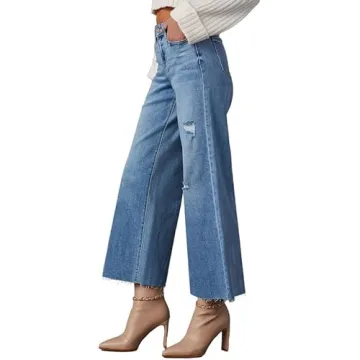Allimy Women's High Waisted Straight Ankle Wide Leg Ripped Jeans Frayed Hem Stretchy Capri Denim Pants Blue Size 14