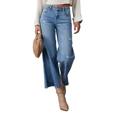 Allimy Women's High Waisted Straight Ankle Wide Leg Ripped Jeans Frayed Hem Stretchy Capri Denim Pants Blue Size 14