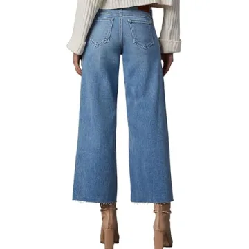 Allimy Women's High Waisted Straight Ankle Wide Leg Ripped Jeans Frayed Hem Stretchy Capri Denim Pants Blue Size 14