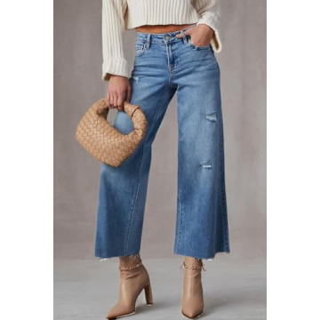 Allimy Women's High Waisted Straight Ankle Wide Leg Ripped Jeans Frayed Hem Stretchy Capri Denim Pants Blue Size 14