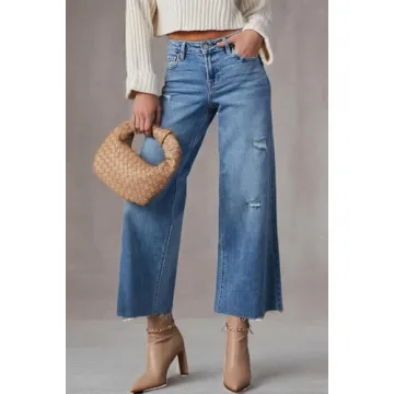 Allimy Women's High Waisted Straight Ankle Wide Leg Ripped Jeans Frayed Hem Stretchy Capri Denim Pants Blue Size 14