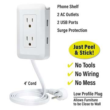 Ontel Presto Plug Outlet Extender for Relocating Unreachable Power Outlets, 4ft Cord, Sticks Easily on Wall, Provides Surge Protection, 2 AC Outlets, 2 USB Ports & Built-in Shelf