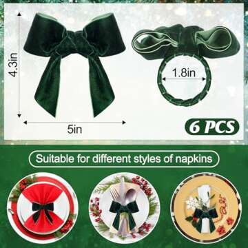 Christmas Napkin Rings, Green Bow Napkin Holder Rings, Chic Velvet Napkin Buckle for Holiday Birthday Party Anniversary Dinner Wedding Dining Table Decoration (Set of 6)