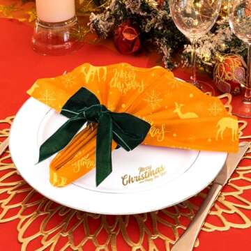 Christmas Napkin Rings, Green Bow Napkin Holder Rings, Chic Velvet Napkin Buckle for Holiday Birthday Party Anniversary Dinner Wedding Dining Table Decoration (Set of 6)