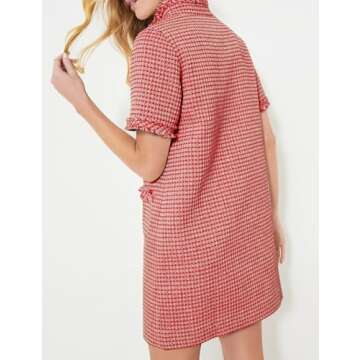 PEHMEA Women's Tweed Dress, Short Sleeve Straight Tube Mini Dress with Pockets for Business Party Work(Red-XL)