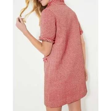 PEHMEA Women's Tweed Dress, Short Sleeve Straight Tube Mini Dress with Pockets for Business Party Work(Red-XL)