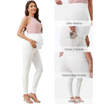 PACBREEZE Women's Maternity Jeans Over Belly Skinny Stretchy Denim Pants Comfy Slim Pregnancy Pants (White, Medium)