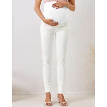 PACBREEZE Women's Maternity Jeans Over Belly Skinny Stretchy Denim Pants Comfy Slim Pregnancy Pants (White, Medium)