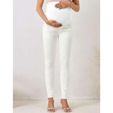 PACBREEZE Women's Maternity Jeans Over Belly Skinny Stretchy Denim Pants Comfy Slim Pregnancy Pants (White, Medium)