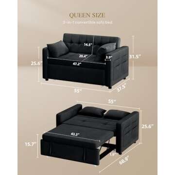 YITAHOME 55" Convertible Sofa Bed, Velvet Sleeper Sofa with Pull-Out Bed, 3-in-1 Futon Couch with Re...
