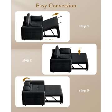 YITAHOME 55" Convertible Sofa Bed, Velvet Sleeper Sofa with Pull-Out Bed, 3-in-1 Futon Couch with Reclining Backrest and Side Pocket, Modern Loveseat for Living Room, Black, Full Size