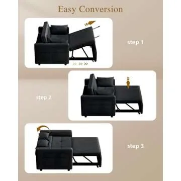 YITAHOME 55" Convertible Sofa Bed, Velvet Sleeper Sofa with Pull-Out Bed, 3-in-1 Futon Couch with Reclining Backrest and Side Pocket, Modern Loveseat for Living Room, Black, Full Size