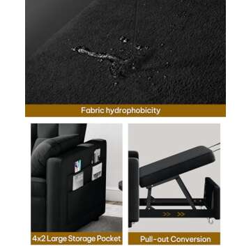 YITAHOME 55" Convertible Sofa Bed, Velvet Sleeper Sofa with Pull-Out Bed, 3-in-1 Futon Couch with Reclining Backrest and Side Pocket, Modern Loveseat for Living Room, Black, Full Size