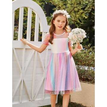 Arshiner Dresses for Kids Polka Dots Mesh Fluffy Ruffle Sleeve Knee Length Spring Birthday Party Dresses Gradient 7-8Year