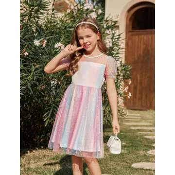 Arshiner Dresses for Kids Polka Dots Mesh Fluffy Ruffle Sleeve Knee Length Spring Birthday Party Dresses Gradient 7-8Year