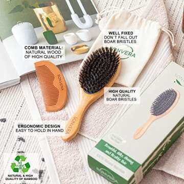 Boar Bristle Hair Brush for Men Natural Hair Brushes for Women Pure Boar Bristle Brush Mens Hair Brush Set Boars Hair Brush Oval Wooden Bore Bamboo Hairbrush Adds Shine Fine Soft Thin Hair