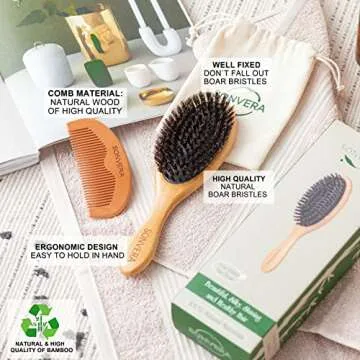 Boar Bristle Hair Brush for Men Natural Hair Brushes for Women Pure Boar Bristle Brush Mens Hair Brush Set Boars Hair Brush Oval Wooden Bore Bamboo Hairbrush Adds Shine Fine Soft Thin Hair