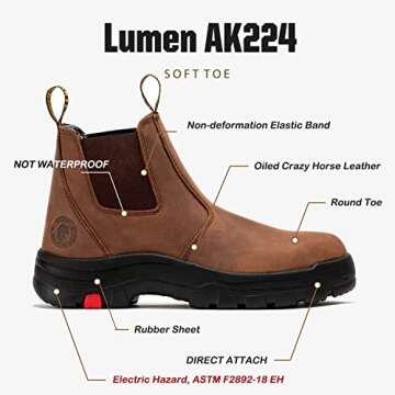 ROCKROOSTER Lumen Men's Slip On Boots, 6" Soft Toe Chelsea Work Boots, Oiled Leather Rubber Boots, Arch Support, Coolmax, ASTM F2892-18 Electrical Hazard (AK224 Brown, US 10)