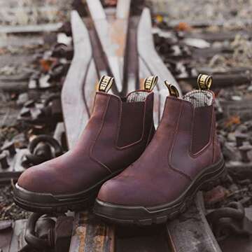 ROCKROOSTER Lumen Men's Slip On Boots, 6" Soft Toe Chelsea Work Boots, Oiled Leather Rubber Boots, Arch Support, Coolmax, ASTM F2892-18 Electrical Hazard (AK224 Brown, US 10)