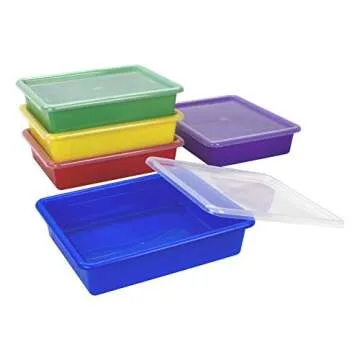 Storex Letter Size Flat Storage Tray – Organizer Bin with Non-Snap Lid for Classroom, Office and Home, Assorted Colors, Pack of 5 (62534U05C)