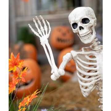 MLLXX Halloween Skeleton Decoration Outdoor Indoor, Plastic Full Body 16" Skeleton with Posable Movable Joints, Creepy Spooky Scary Skull for Party Haunted House Graveyard Table Decor