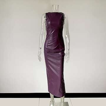 XLLAIS Women's Faux PU Leather Bodycon Maxi Dress Sexy Boatneck Tank Long Dresses (Grape, X-Large)