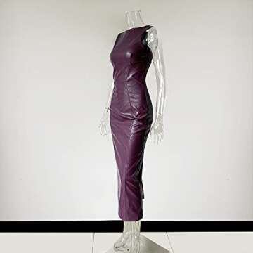 XLLAIS Women's Faux PU Leather Bodycon Maxi Dress Sexy Boatneck Tank Long Dresses (Grape, X-Large)