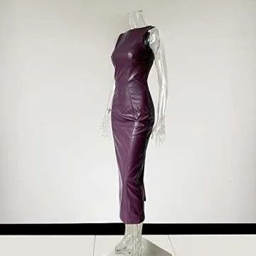 XLLAIS Women's Faux PU Leather Bodycon Maxi Dress Sexy Boatneck Tank Long Dresses (Grape, X-Large)