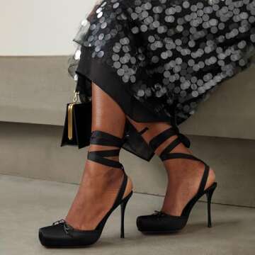 Riekhany Satin Ballet Heels for Women Closed Square Toe Bow Ballerina Heels Lace Up High Heel Slingback Pumps Strappy Stiletto Mary Janes Elegant Party Shoes Black