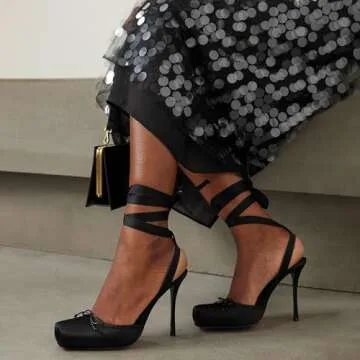 Riekhany Satin Ballet Heels for Women Closed Square Toe Bow Ballerina Heels Lace Up High Heel Slingback Pumps Strappy Stiletto Mary Janes Elegant Party Shoes Black