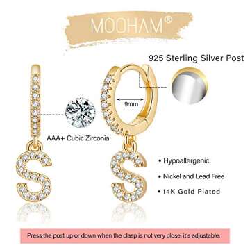 Initial Earrings for Women, 925 Sterling Silver Post 14K Gold Plated Small Huggie Hoop Earrings Letter S Initial Dangle Earrings Hypoallergenic Earrings for Women