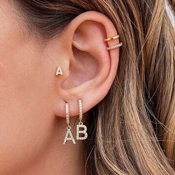 Initial Earrings for Women, 925 Sterling Silver Post 14K Gold Plated Small Huggie Hoop Earrings Letter S Initial Dangle Earrings Hypoallergenic Earrings for Women