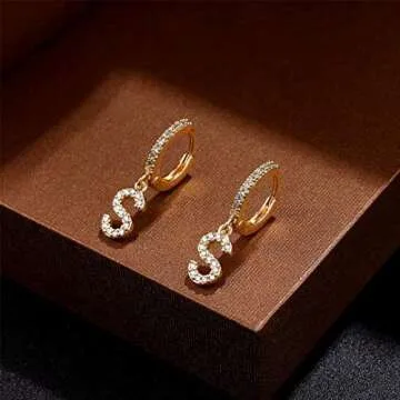Initial Earrings for Women, 925 Sterling Silver Post 14K Gold Plated Small Huggie Hoop Earrings Letter S Initial Dangle Earrings Hypoallergenic Earrings for Women