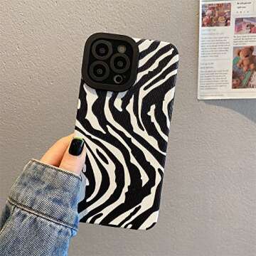 Phone Case Compatible with iPhone 13 Pro Max Fashion Curved Zebra Print Protective Cases Faux Leather Silicone Shockproof Cover for Women for iPhone 13 Pro Max - Black