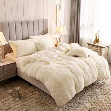 Uhamho Faux Fur Velvet Fluffy Bedding Duvet Cover Set Down Comforter Quilt Cover with Pillow Shams, Ultra Soft Warm (Queen, Cream)