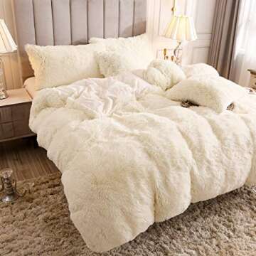 Uhamho Faux Fur Velvet Fluffy Bedding Duvet Cover Set Down Comforter Quilt Cover with Pillow Shams, Ultra Soft Warm (Queen, Cream)