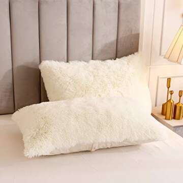 Uhamho Faux Fur Velvet Fluffy Bedding Duvet Cover Set Down Comforter Quilt Cover with Pillow Shams, Ultra Soft Warm (Queen, Cream)