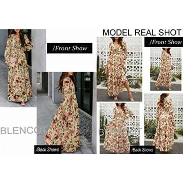 BLENCOT Women's Casual Boho Floral Printed Deep V Neck Loose Long Sleeve Long Evening Dress Ruched Cocktail Party Maxi Wedding Dress Apricot Medium